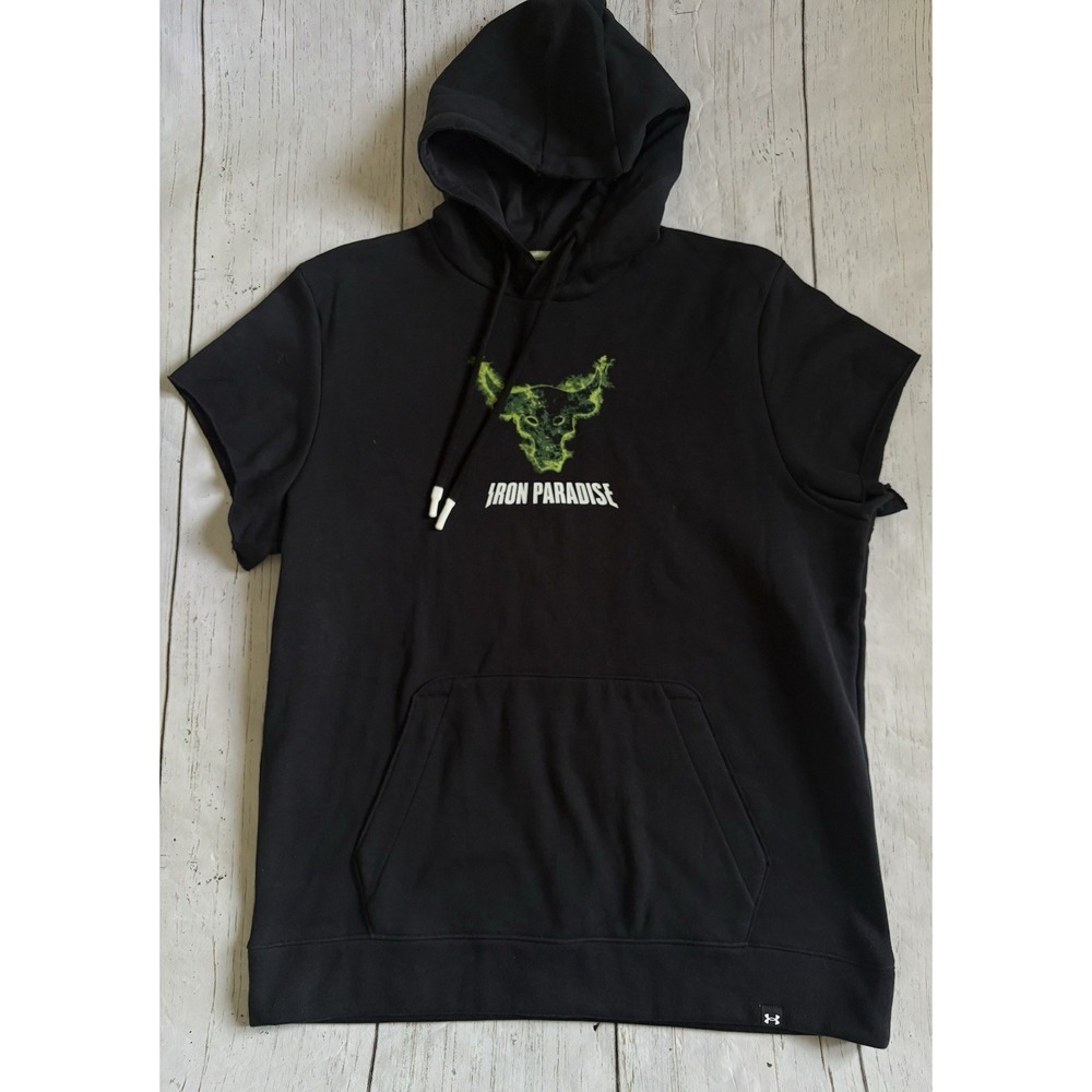 Mens Under Armour Project Rock Black Rival Cut Off sleeve  Hoodie Size Large